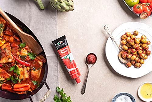 Close-up of Tuscanini tomato paste tube enriching stews and sauces.