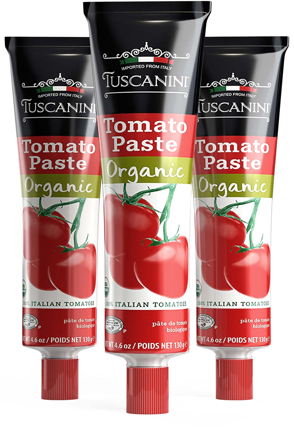Tuscanini tomato paste tube 4.6oz, 3-pack, resealable for easy squeezing.