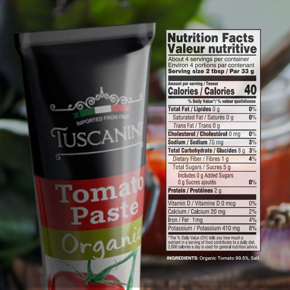Close-up of Tuscanini tomato paste tube with rich, smooth paste for flavor.