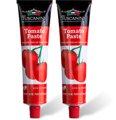 Tuscanini Tomato Paste Tube closeup, highlighting premium Italian tomatoes and convenient squeeze.