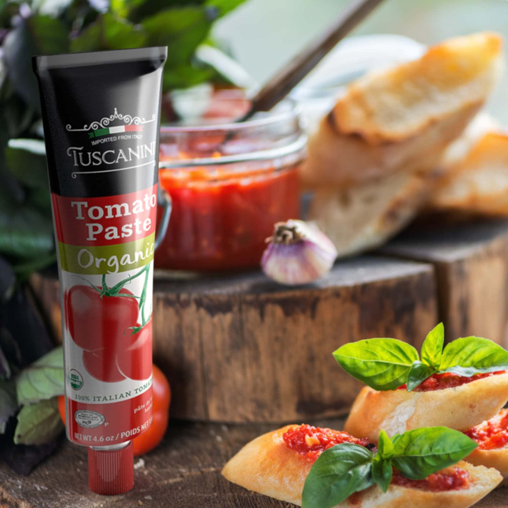 Tuscanini tomato paste enhances pasta or pizza sauces, ready to use.