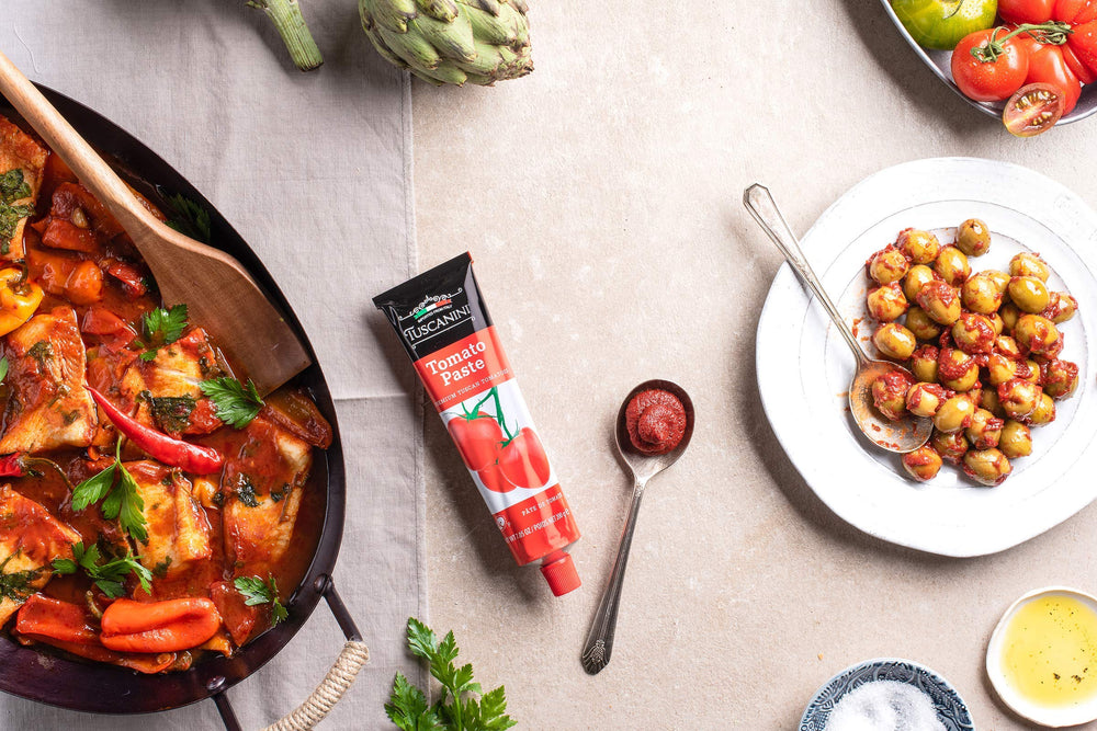 Tuscanini Tomato Paste Tube with Italian tomatoes enhances rich flavor.