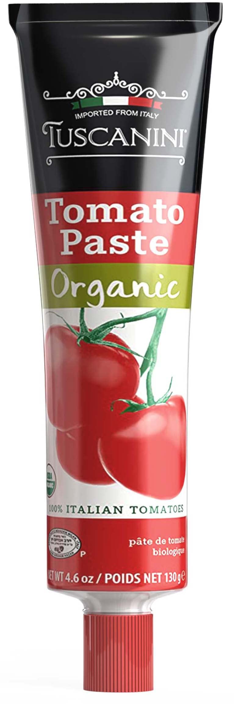 Tuscanini tomato paste tube label showcases authentic Italian flavor for quick weeknight sauces.