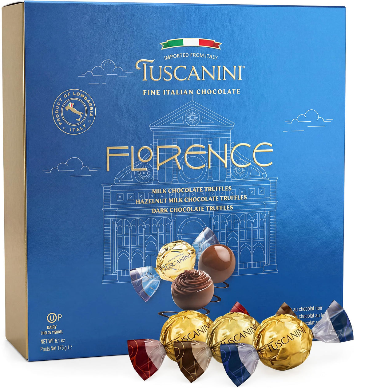 Tuscanini truffles gift box blue, ideal for gifting occasions.