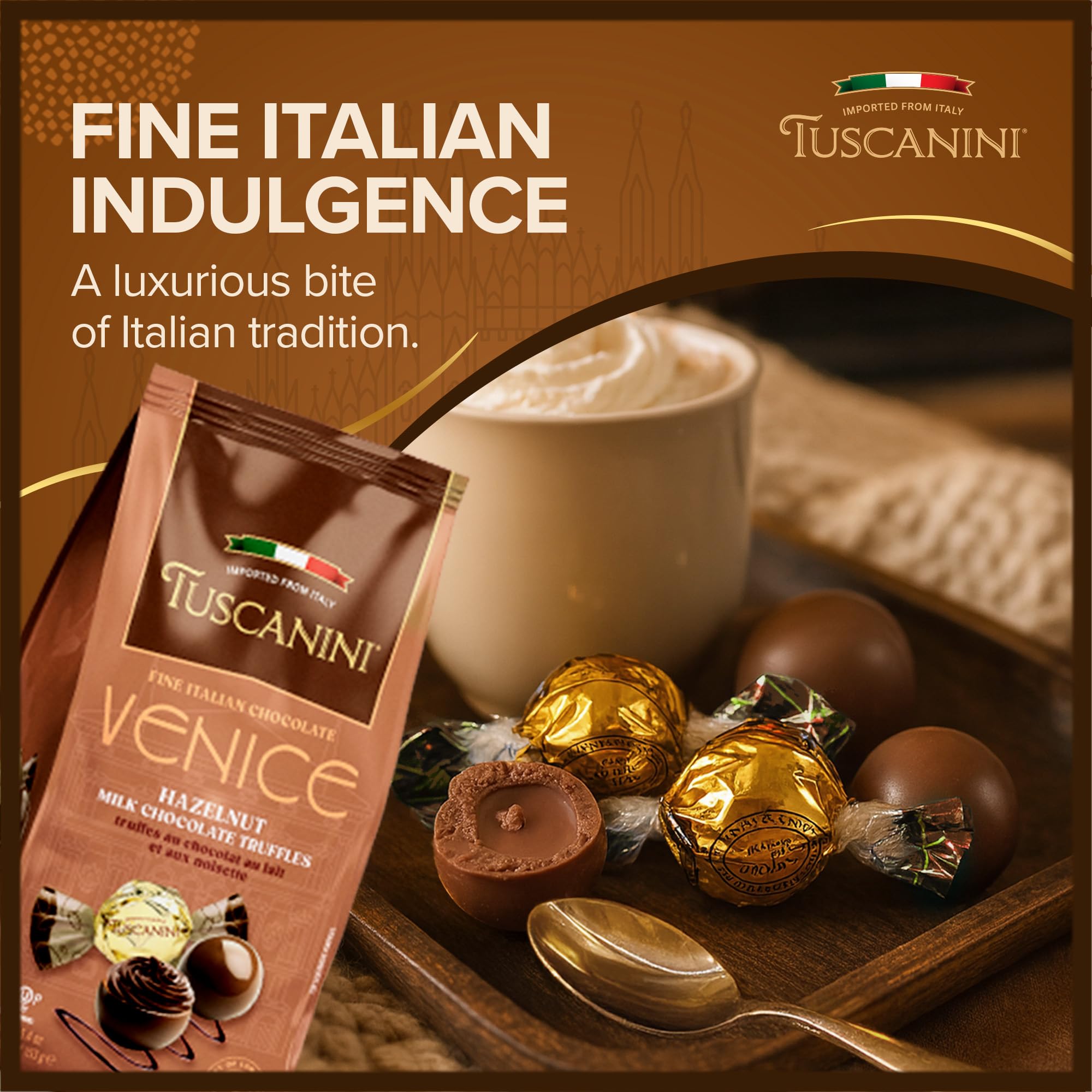 Tuscanini Venice hazelnut milk chocolate truffle with roasted hazelnuts, creamy bite.