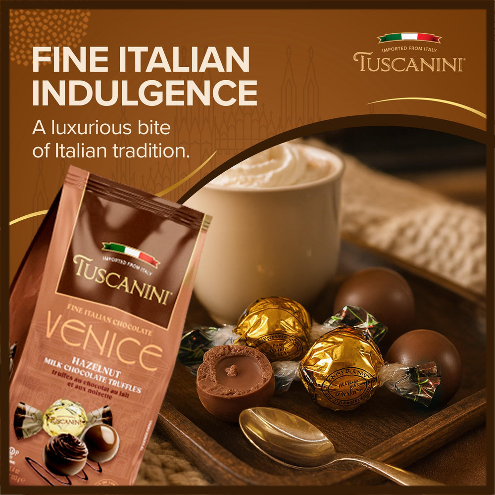 Tuscanini Venice hazelnut milk chocolate truffle with roasted hazelnuts, creamy bite.