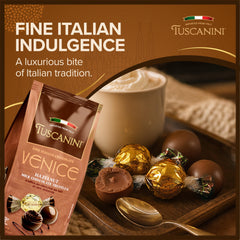 Tuscanini Venice hazelnut milk chocolate truffle with roasted hazelnuts, creamy bite.