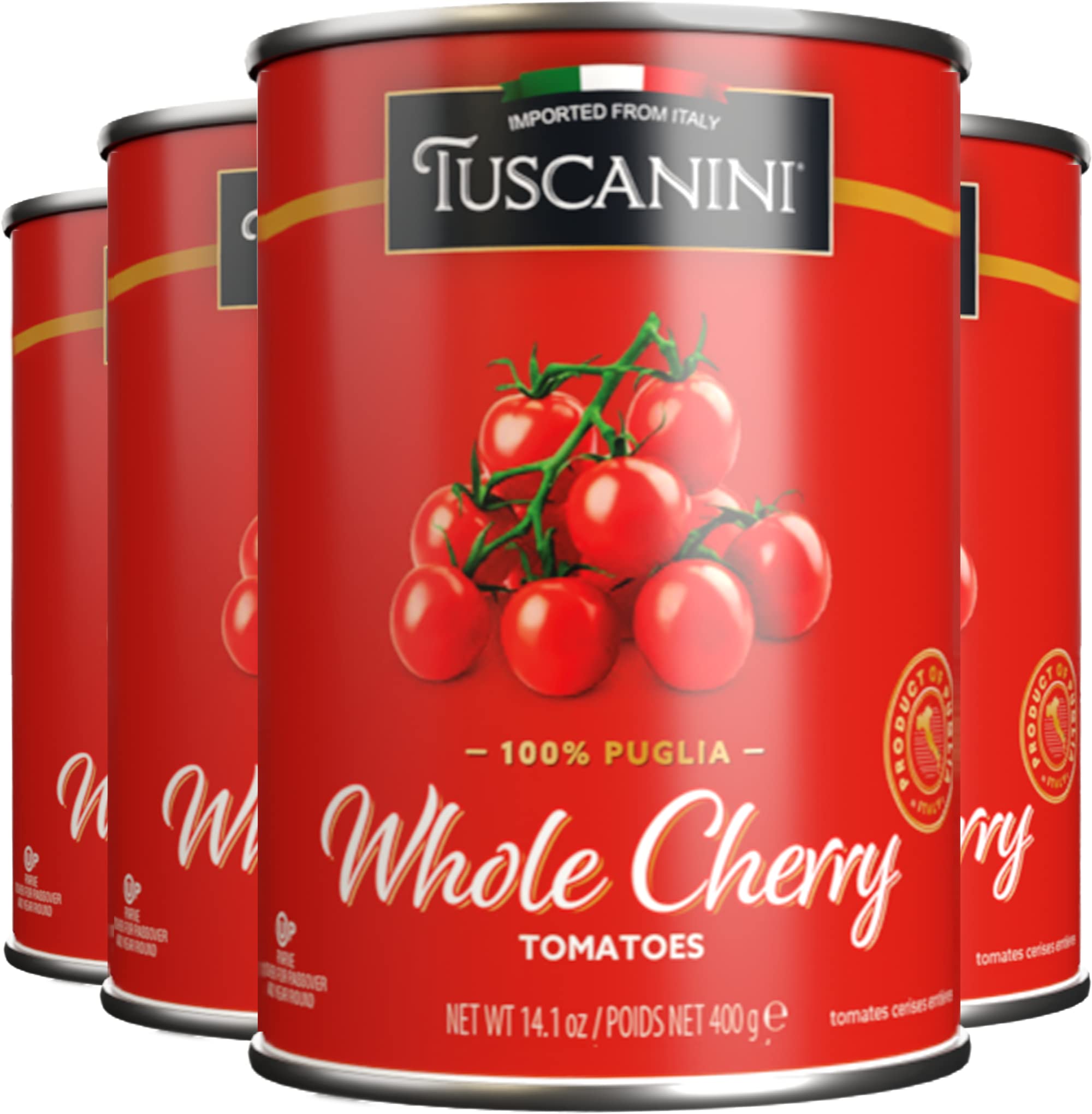 Tuscanini whole cherry tomatoes in a 14oz pack, vibrant and ready for sauces.