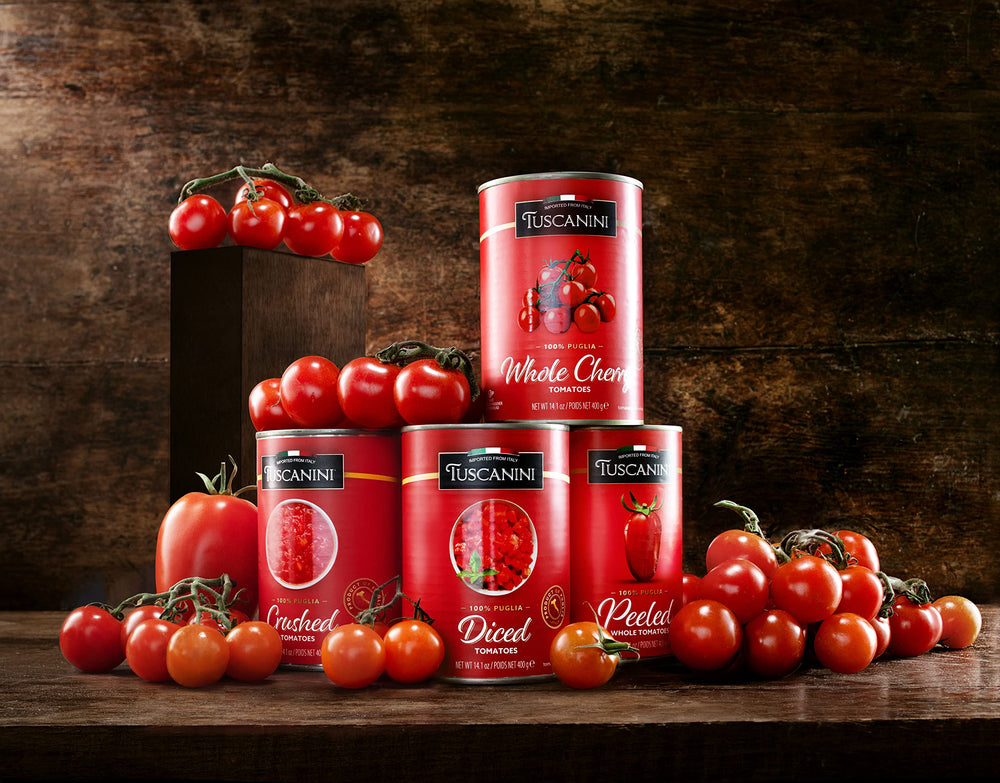 Close-up of Tuscanini tomatoes showing glossy skins ideal for pasta sauces.