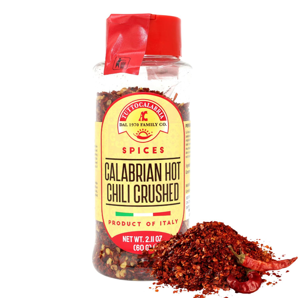 TUTTOCALABRIA Calabrian chili flakes in a jar add authentic heat to dishes.