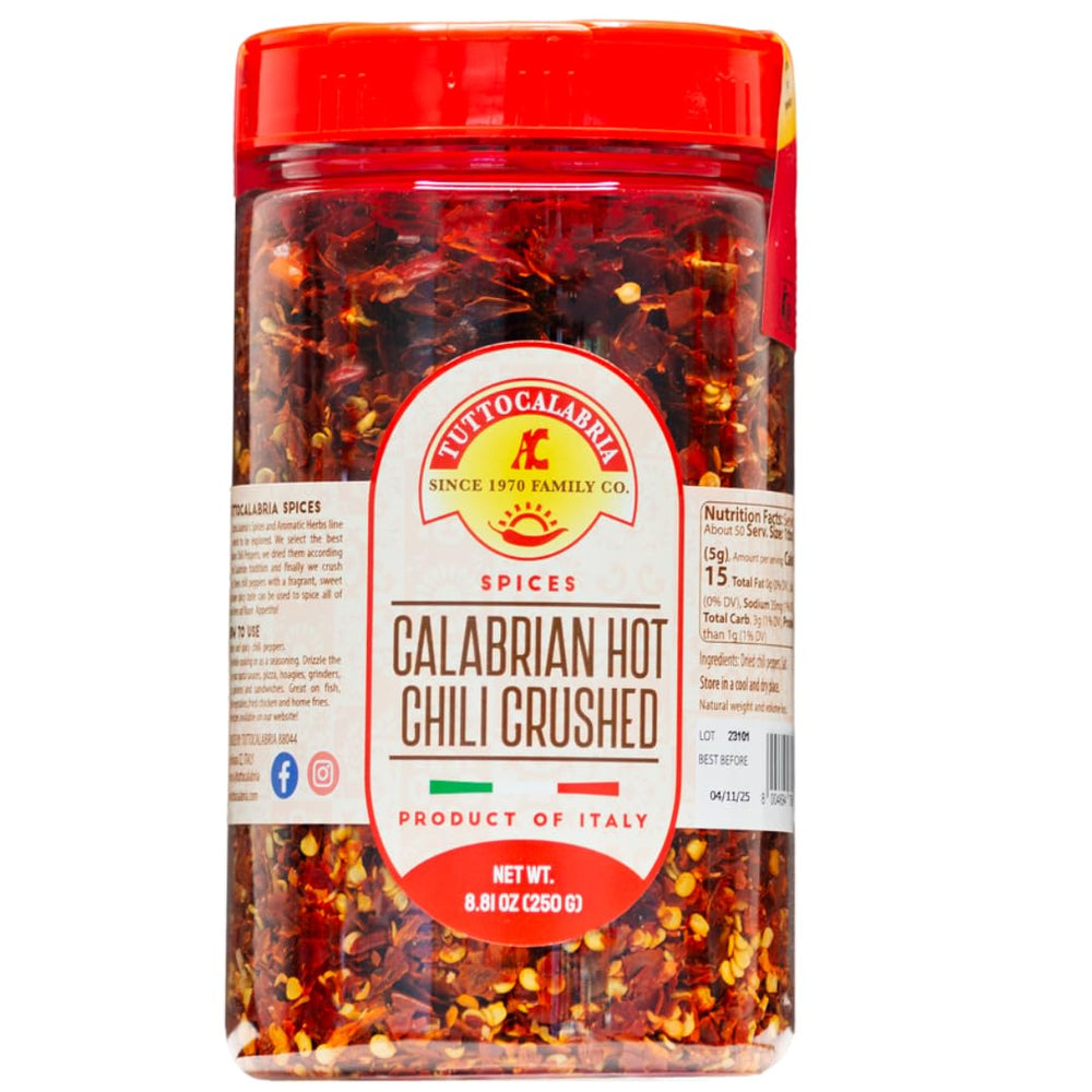 TuttoCalabria Calabrian chili flakes in a 250g shaker add bold heat to pasta.