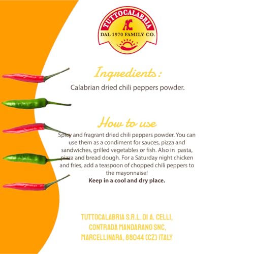 TUTTOCALABRIA chili powder jar closeup emphasizes vivid color and fine grind.