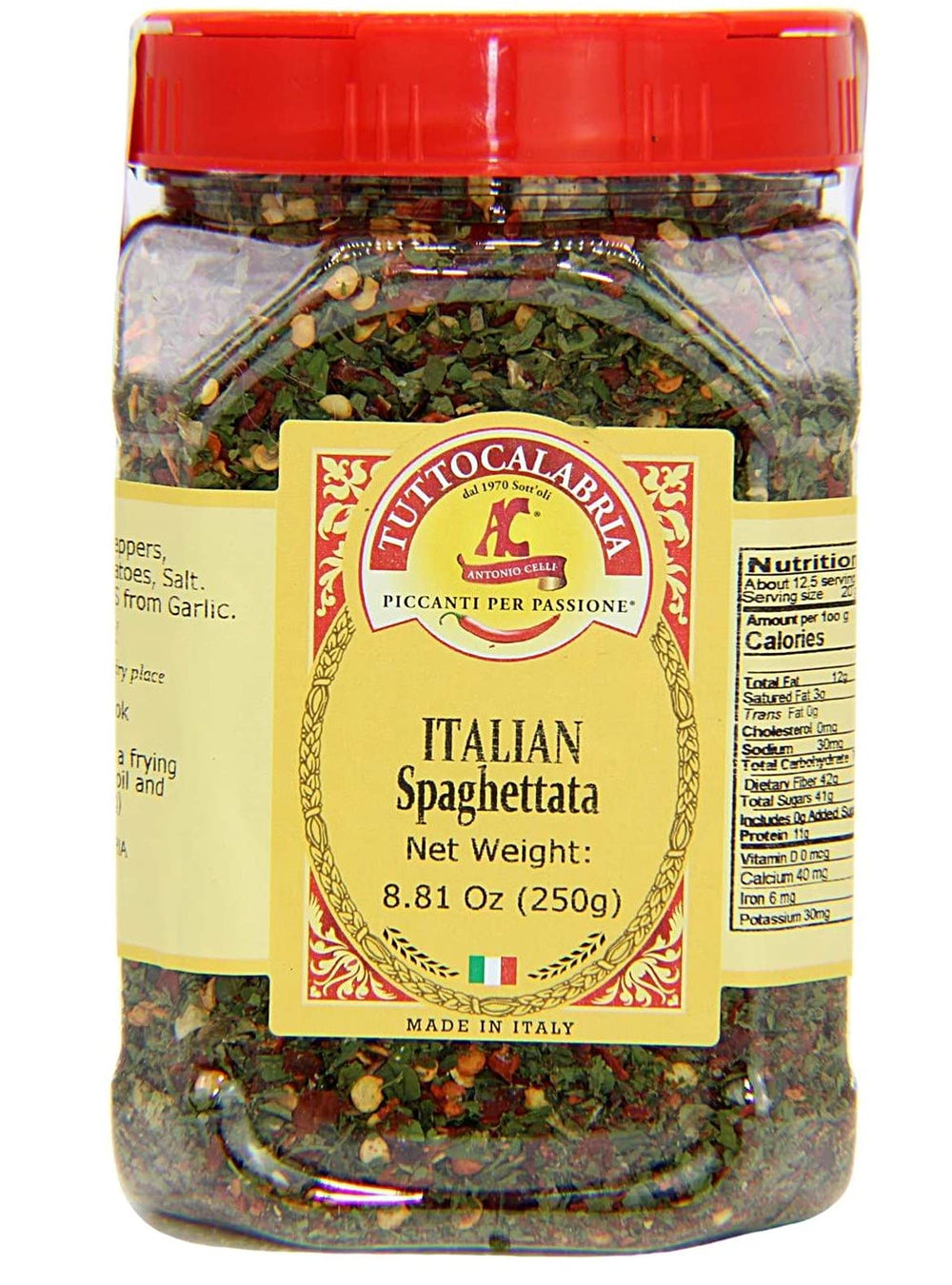 TUTTOCALABRIA spicy Italian spaghettata seasoning poured over cooked pasta for bold flavor.