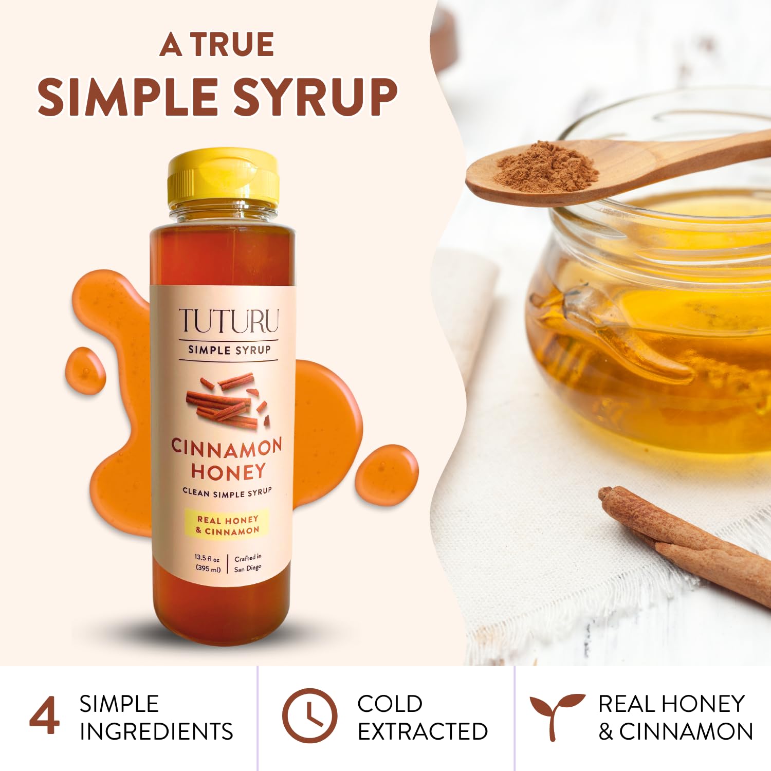 Tuturu Botanical Coffee cinnamon honey syrup coffee cup scene suggesting versatile use.
