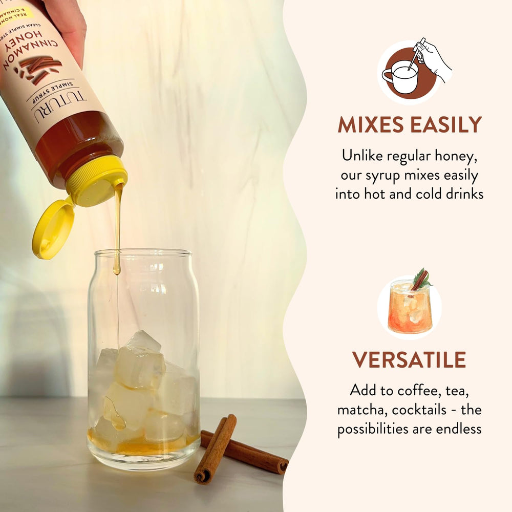 Tuturu Botanical Coffee cinnamon honey syrup glass with pour stream ready to mix.