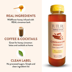 Tuturu Botanical Coffee cinnamon honey syrup label highlights clean, allergen-free ingredients.