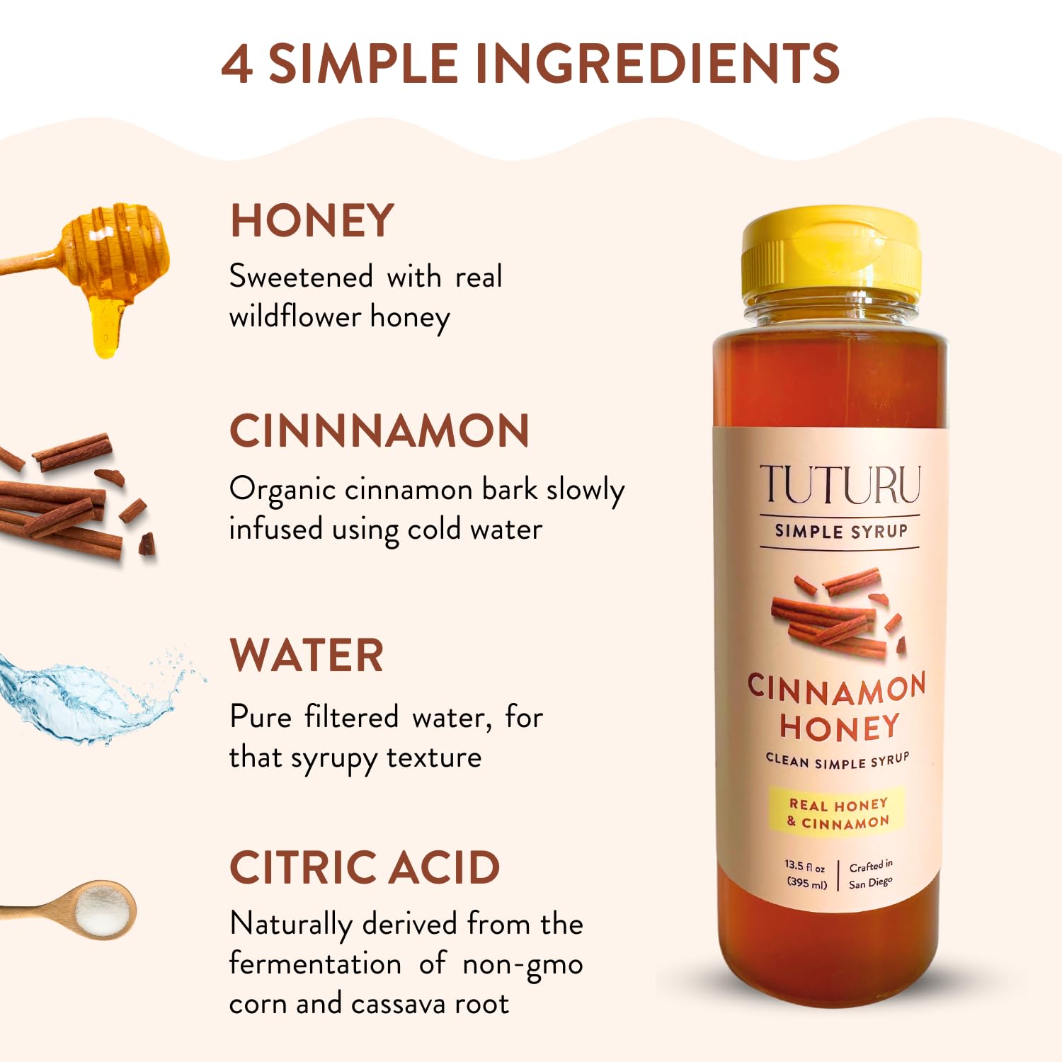 Tuturu Botanical Coffee cinnamon honey syrup pour adds warmth to beverages.