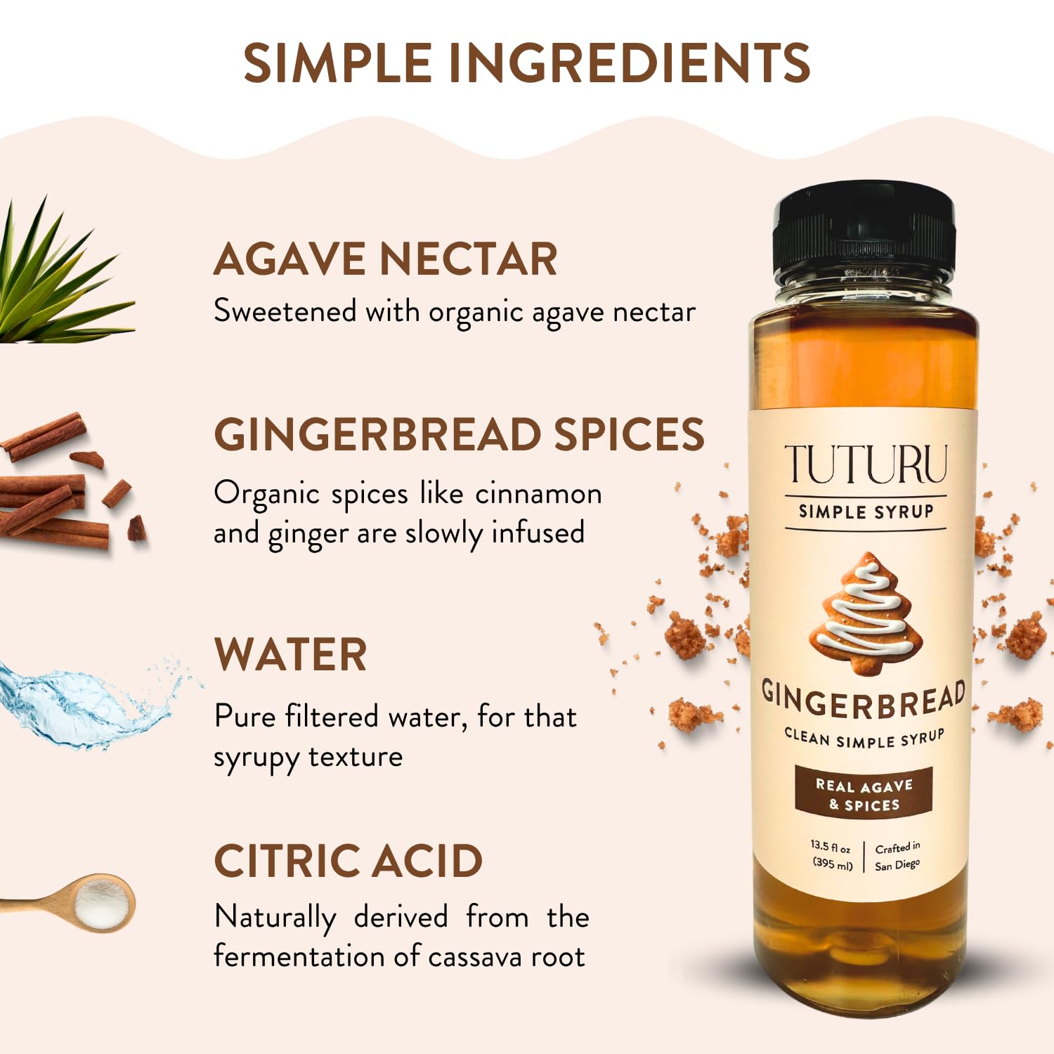 Close-up of Tuturu ingredients shows real gingerbread spices for premium drinks.