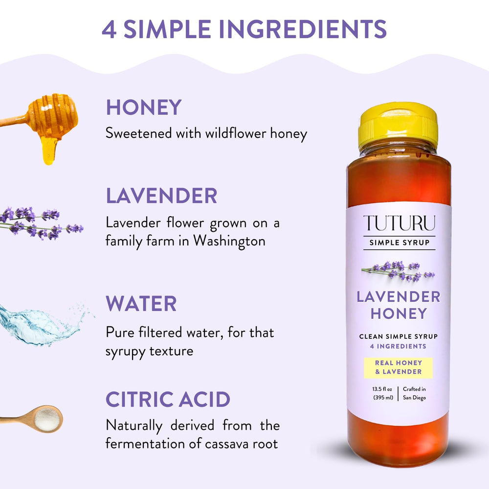 Glass with ice featuring Tuturu lavender honey syrup for a refreshing drink