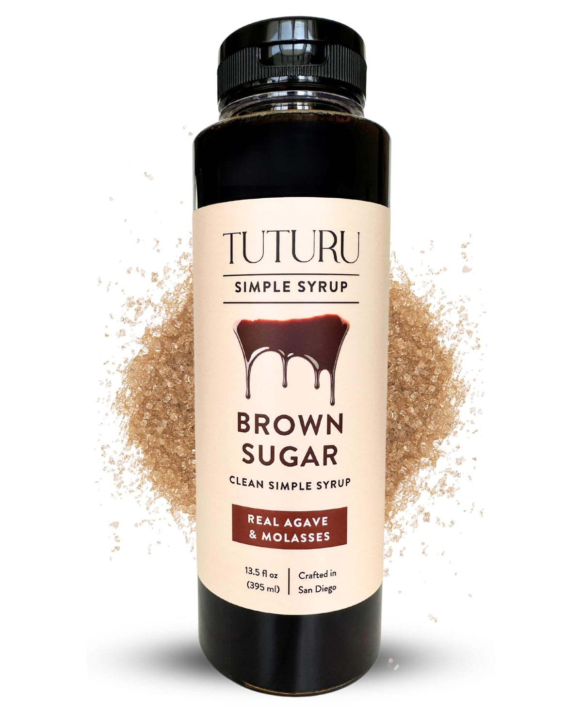 TUTURU Brown Sugar Agave Simple Syrup bottle highlights a clean label for premium beverages.