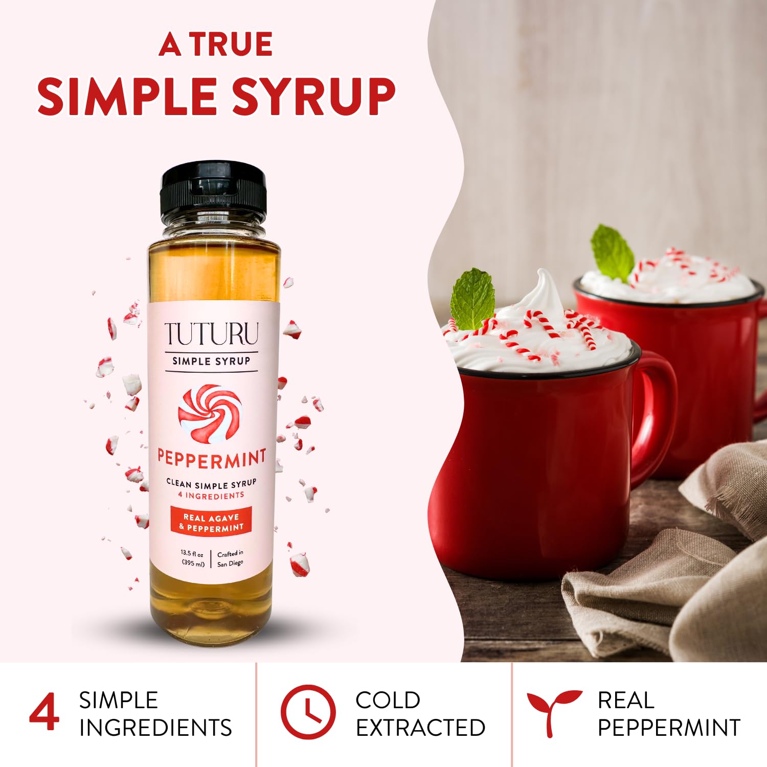 TUTURU peppermint syrup bottle closeup suggests premium home crafting.