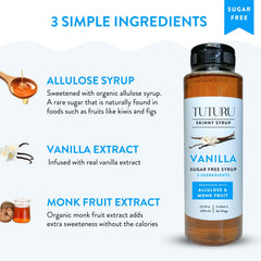 Tuturu Sugar Free Vanilla Syrup in a coffee scene for a vanilla latte.