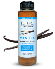 Tuturu Sugar Free Vanilla Syrup bottle with pour spout ideal for coffee and cocktails.
