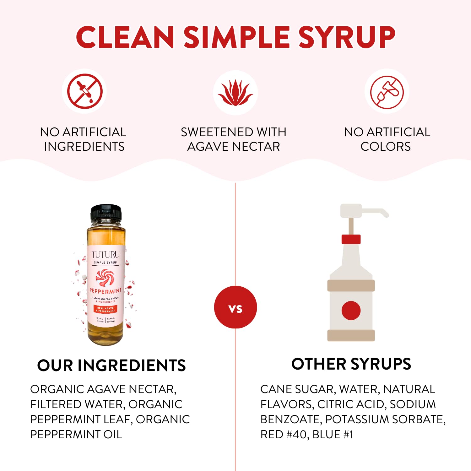 TUTURU syrup glass with ingredients shows clean label branding.