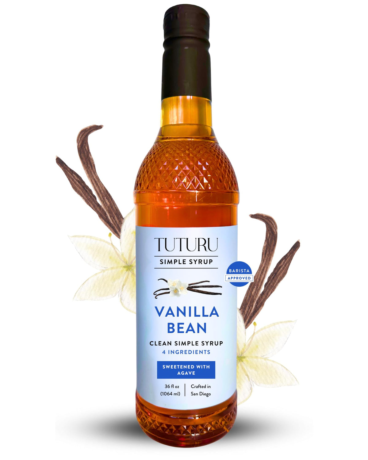 Tuturu Vanilla Agave Syrup bottle shows real vanilla and natural sweetness for coffee