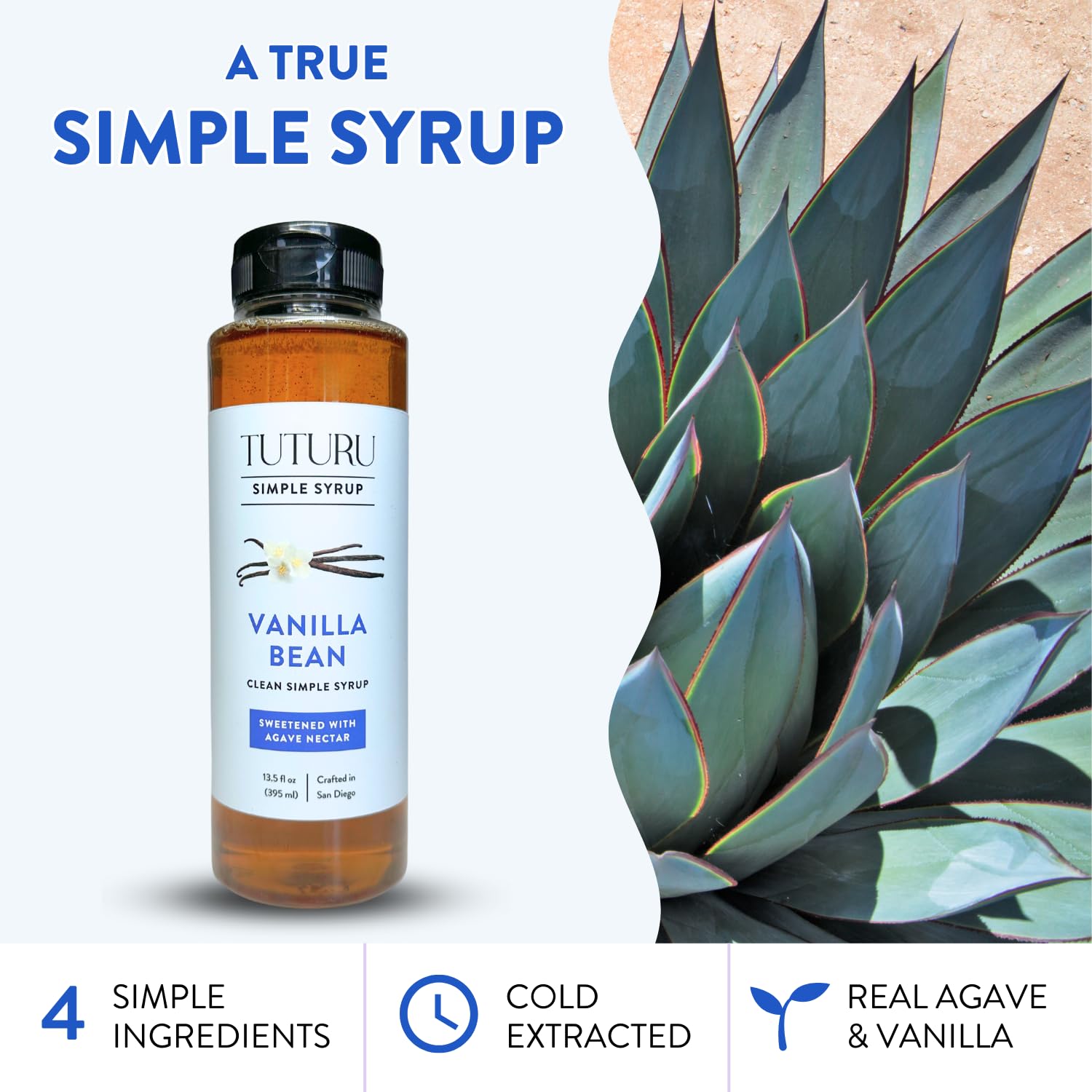 Clear glass bottle of Tuturu vanilla agave syrup on kitchen shelf.