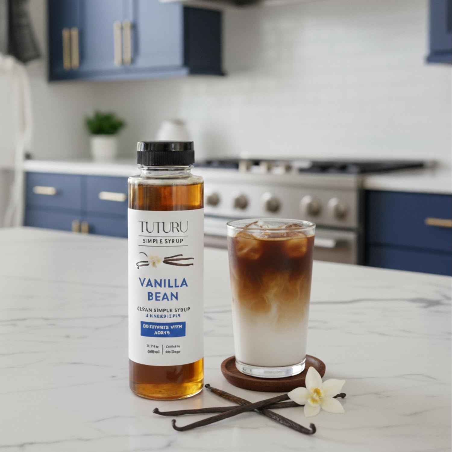Cocktail glass with Tuturu syrup evokes premium at-home mixology.