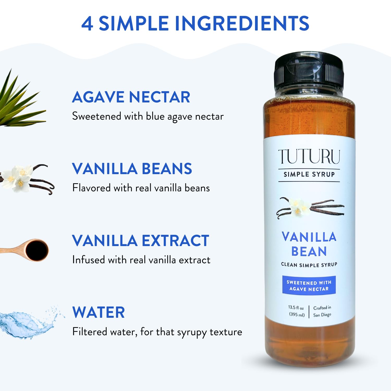 Tuturu vanilla bean syrup in latte scene emphasizes authentic vanilla profile.