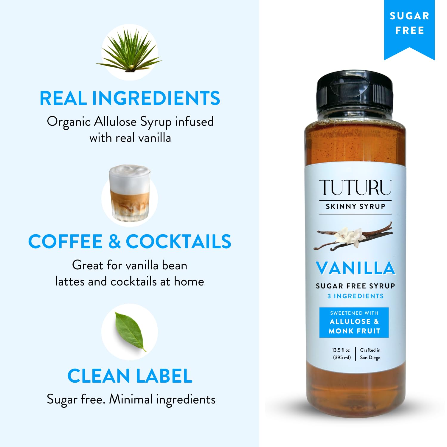 Tuturu Vanilla Syrup bottle beside a cocktail glass suggesting vanilla infused drinks.