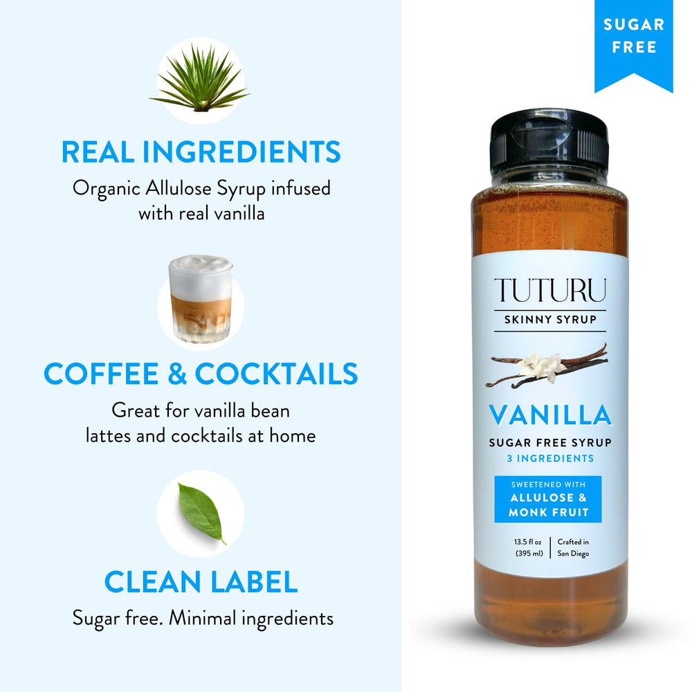 Tuturu Vanilla Syrup bottle beside a cocktail glass suggesting vanilla infused drinks.