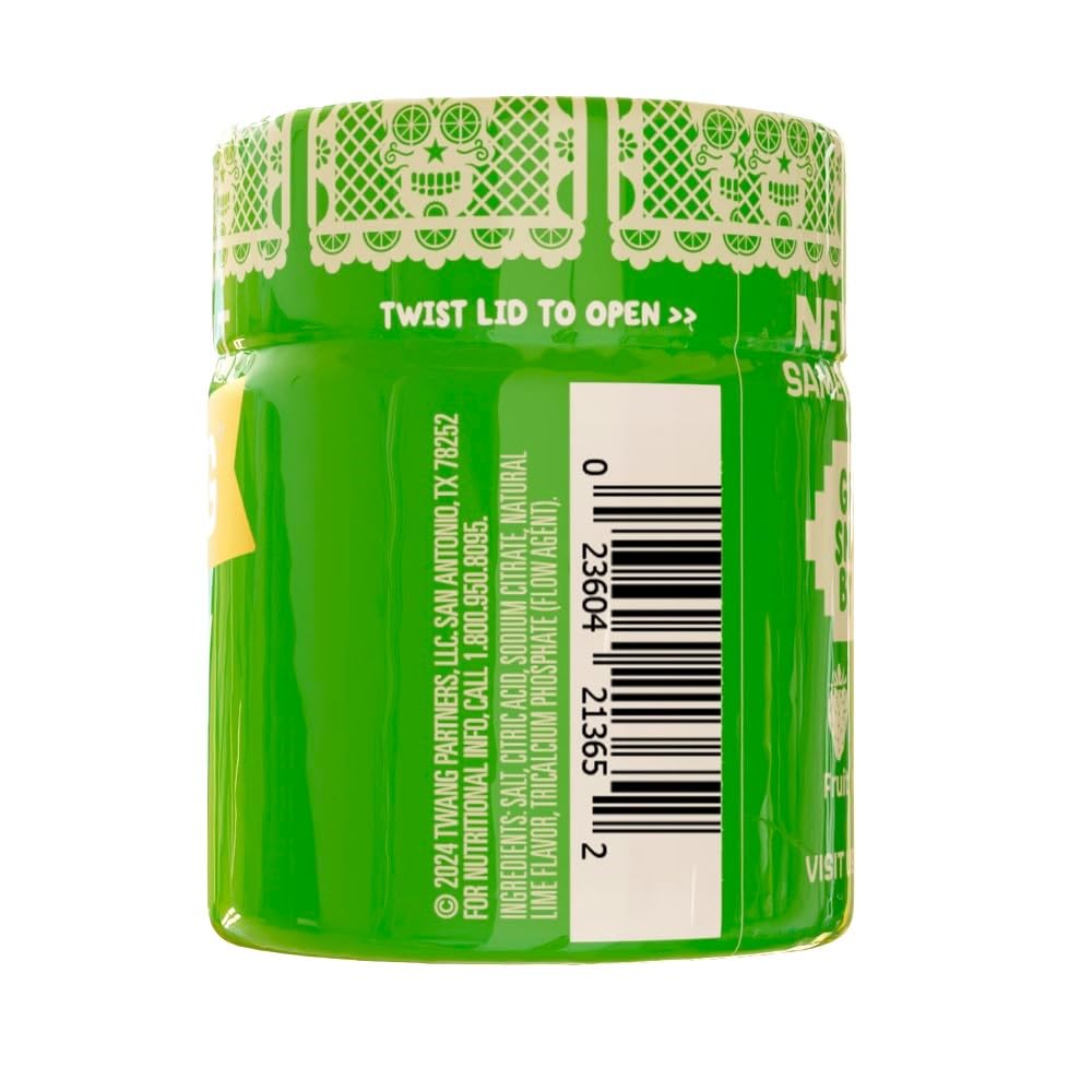 Close-up of Twang Lime salt granules highlighting bright color and aroma.