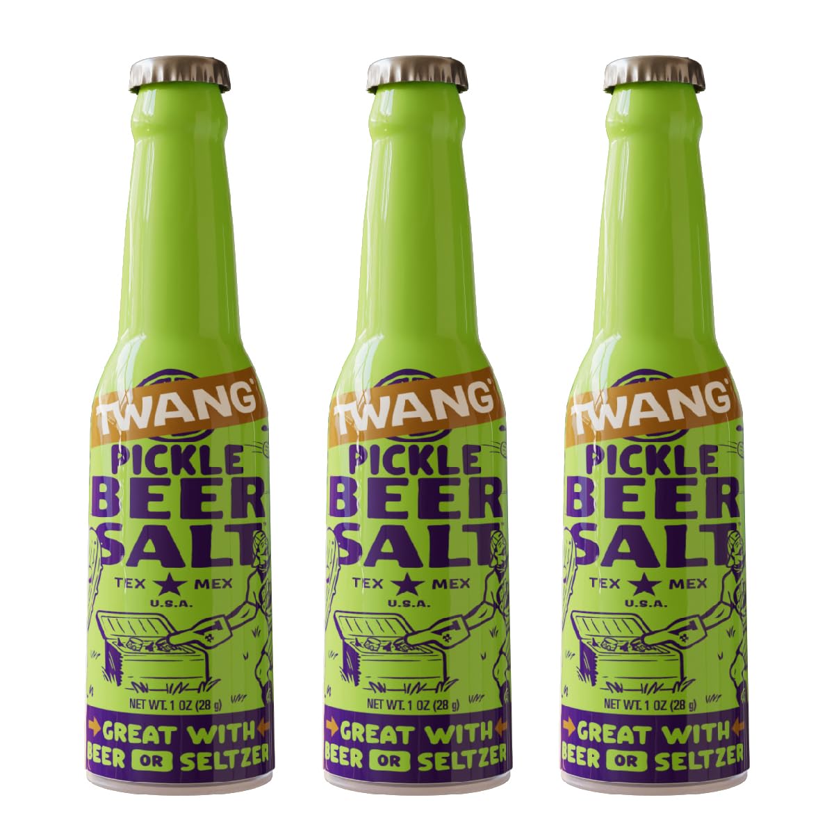 Twang Pickle Beer Salt bottle for on-the-go flavor enhancement.