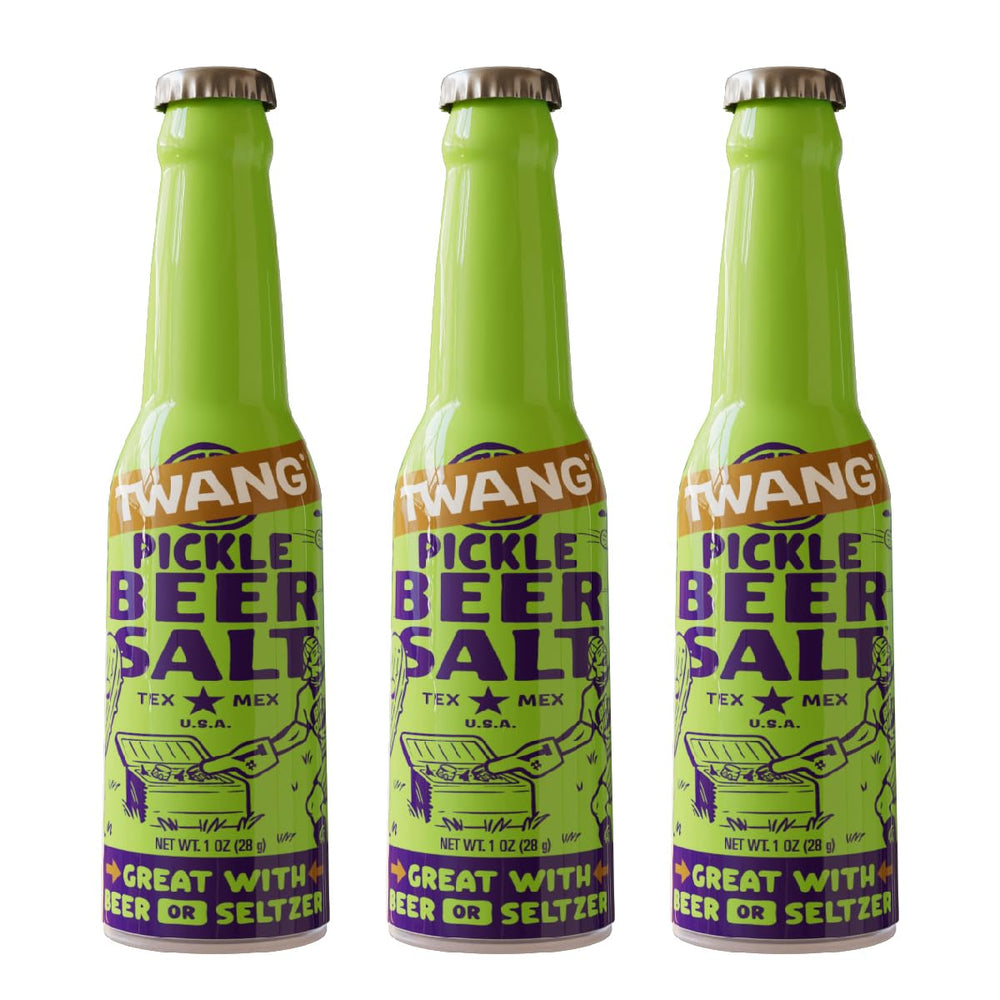 Twang Pickle Beer Salt bottle for on-the-go flavor enhancement.