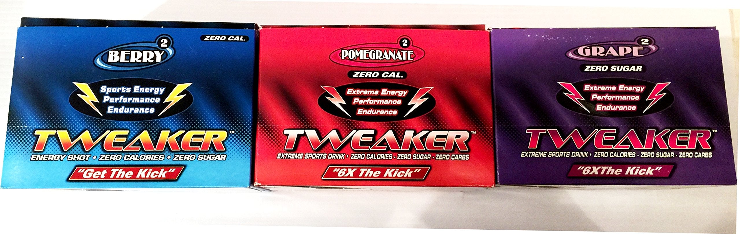 Tweaker Energy Variety Pack front view showing grape, berry, and pomegranate flavors for on-the-go energy