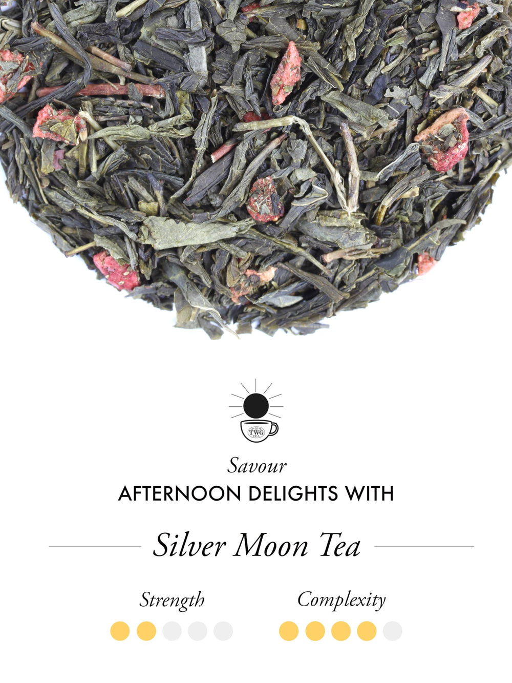 TWG Silver Moon Tea green tea infusion showing berry and vanilla notes.