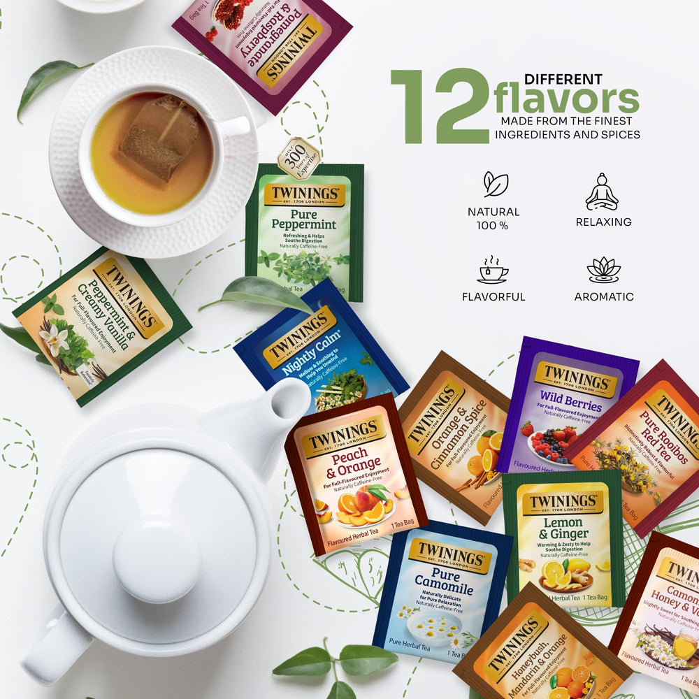 Twinings 12 flavors herbal tea bags arranged, inviting tasting sessions and cozy moments