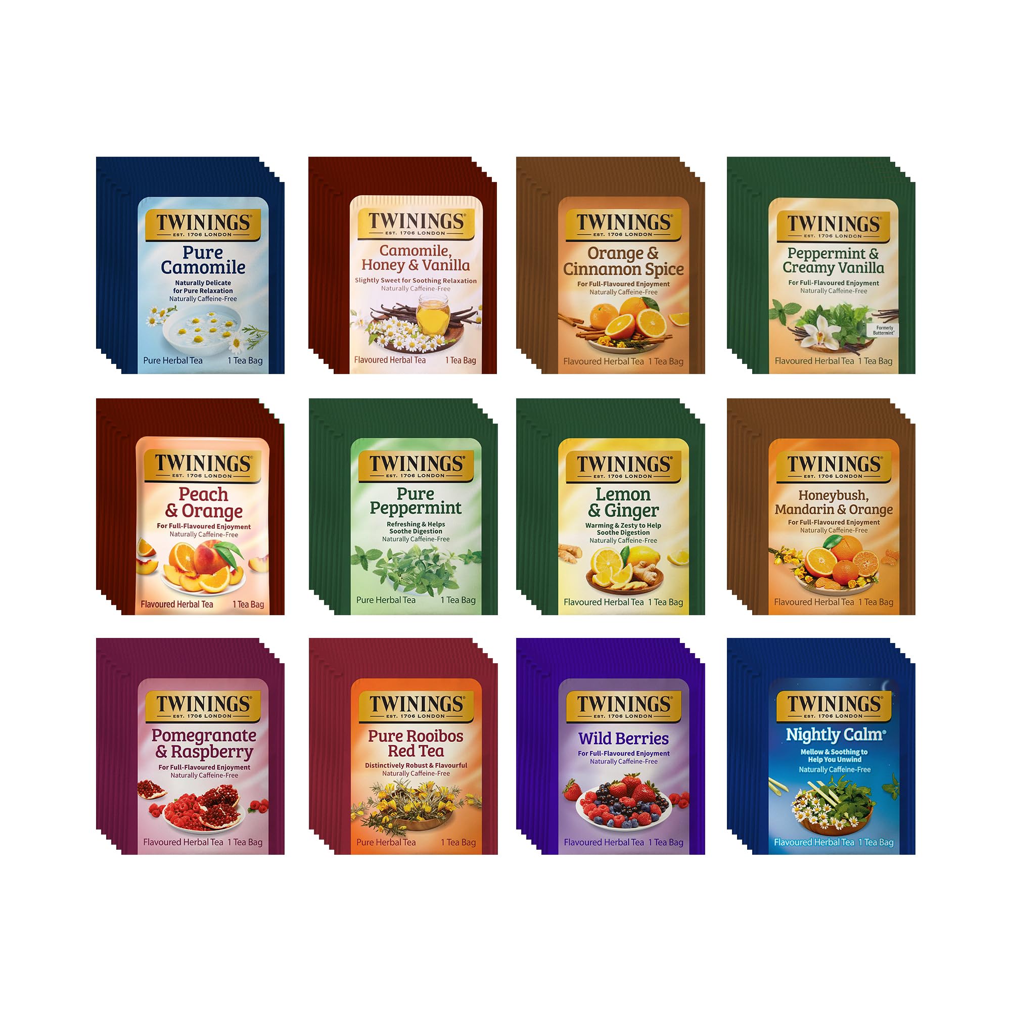 Twinings 48-tea-bags herbal variety pack displayed, offering caffeine-free flavor options for any time of day