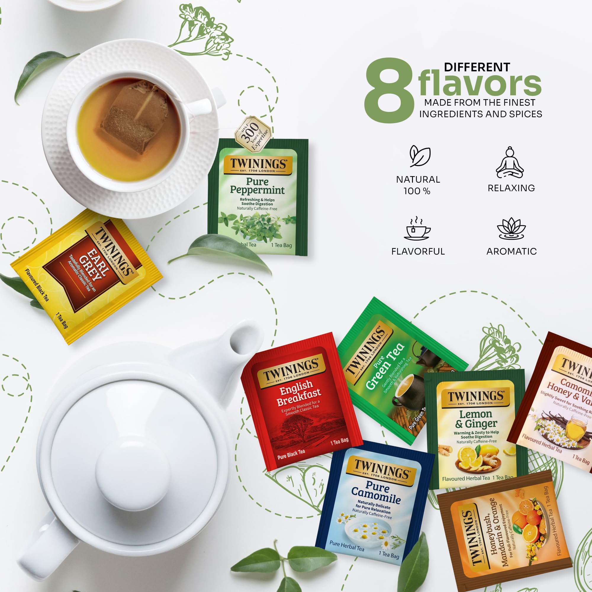 Twinings 8-flavor tea collection on display offers variety for different moods.