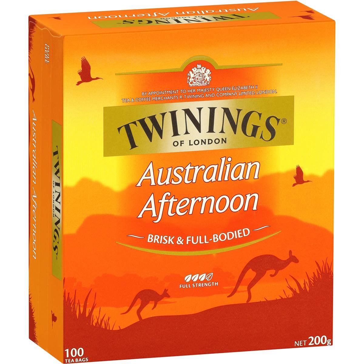 Twinings Australian Afternoon Tea pack front, bold flavor for afternoon enjoyment.