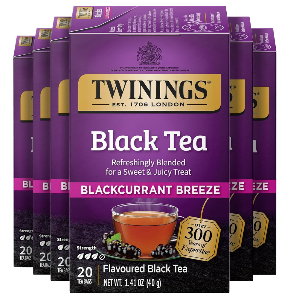 Twinings Blackcurrant Breeze tea bags pack for flavorful mornings.