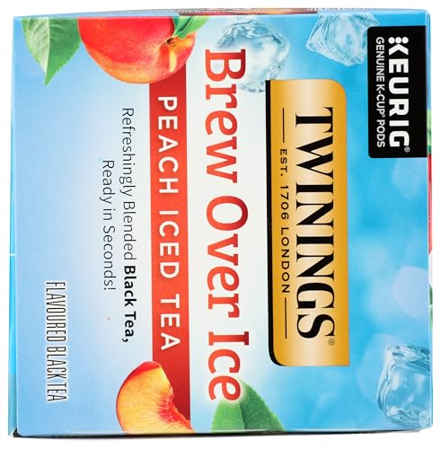 Twinings Brew Over Ice Peach Tea k-cup closeup highlighting natural peach flavor.