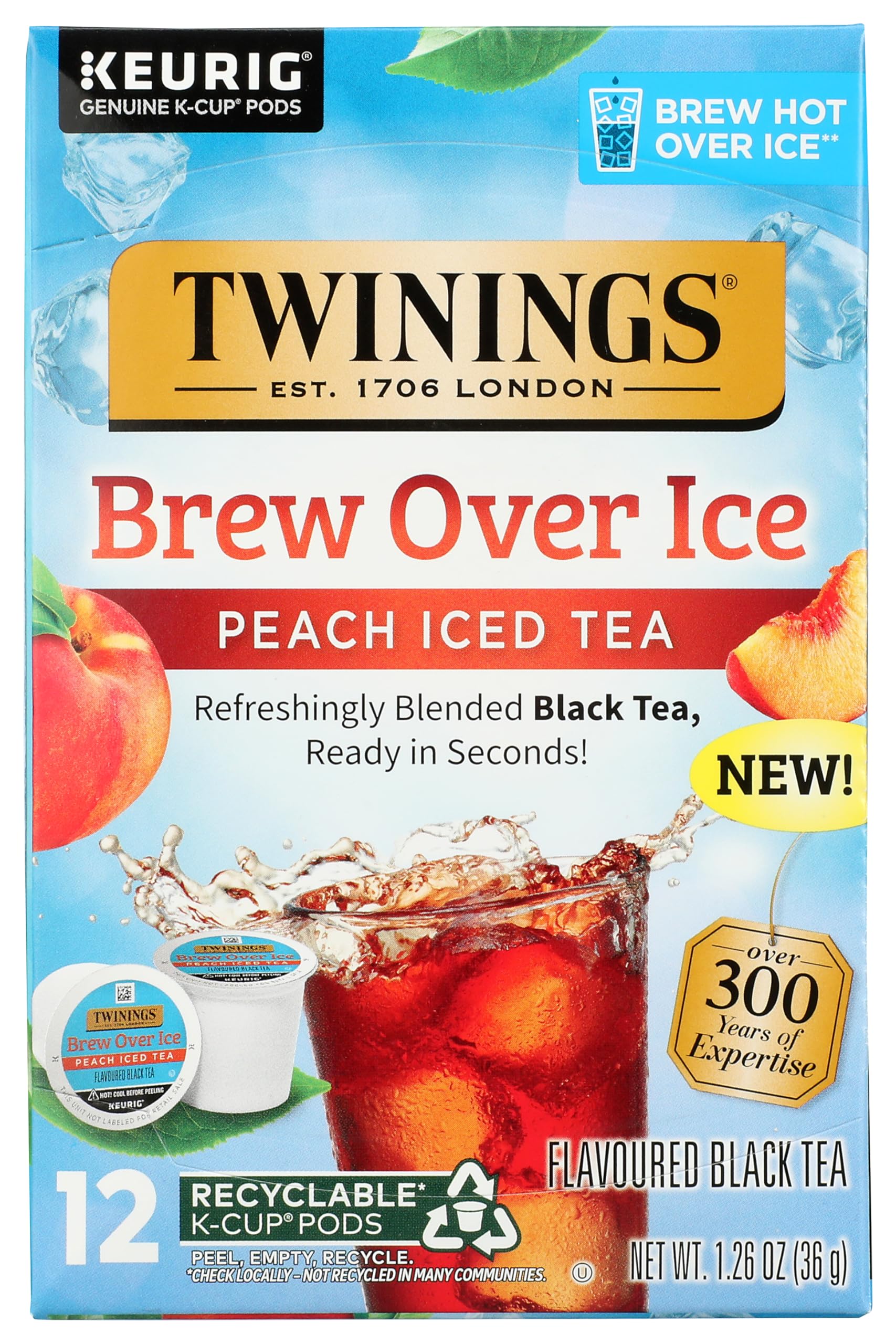 Twinings Brew Over Ice Peach Tea k-cup pack for refreshing iced tea.