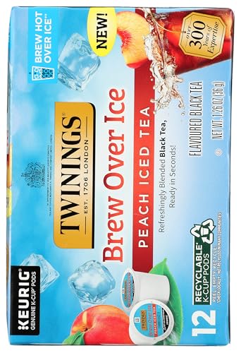 Twinings Brew Over Ice Peach Tea being poured over ice.