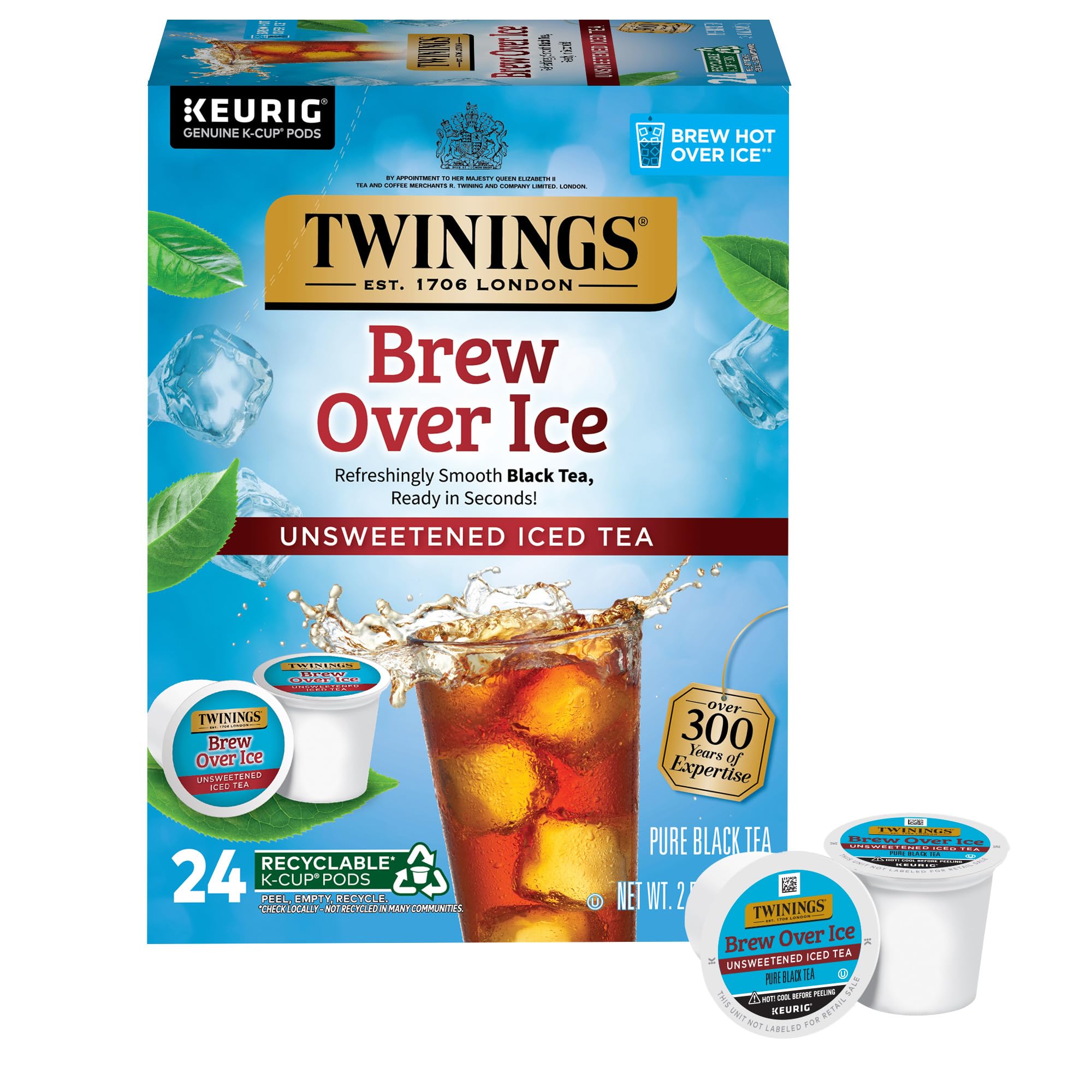 Twinings Brew Over Ice Unsweetened Black Tea K-Cup pods ready for quick iced tea.
