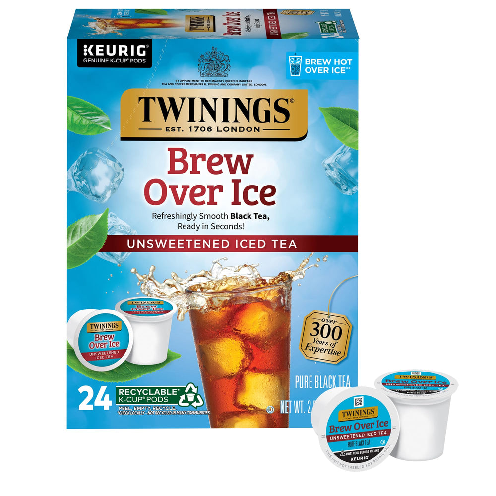 Twinings Brew Over Ice Unsweetened Black Tea K-Cup pods ready for quick iced tea.