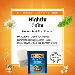 Twinings Nightly Calm caffeine-free tea bags, individually wrapped for freshness.